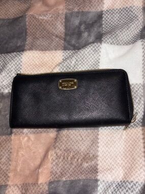 Michael Kors Black Saffiano Zip Wallet with Gold Plate
